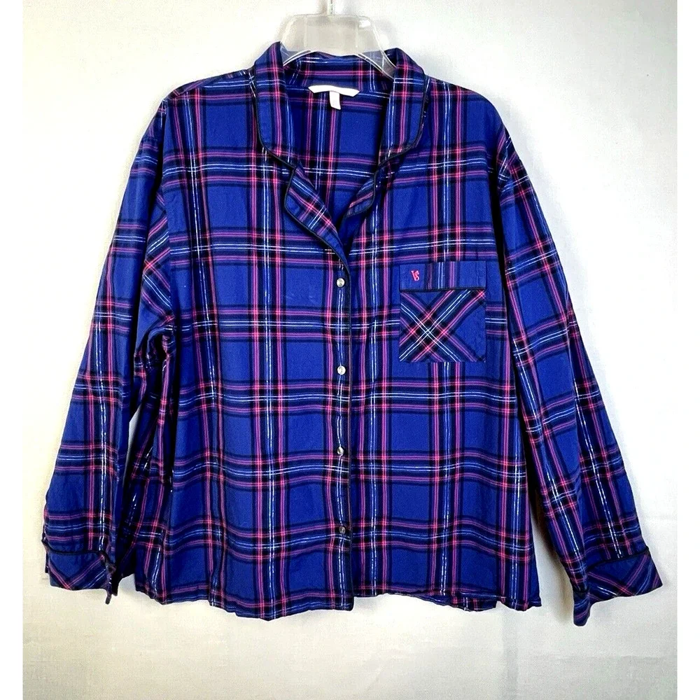 VIctoria's Secret Sleep Shirt Women's XL Blue Plaid Button Front Pajama Top
